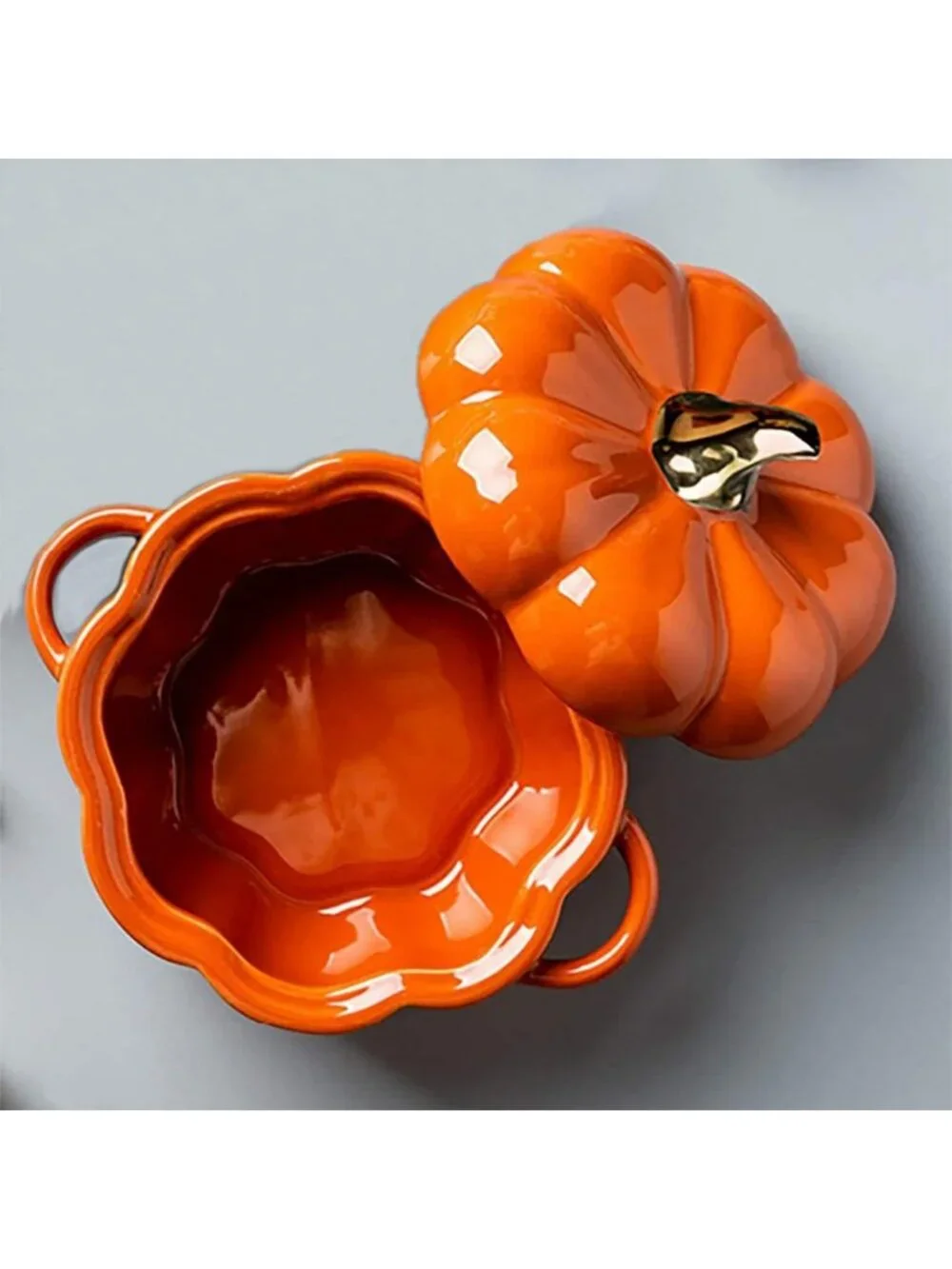 Set of 4 Pumpkin Ceramic Ramekins with Lids & Handles - Oven Safe Casserole